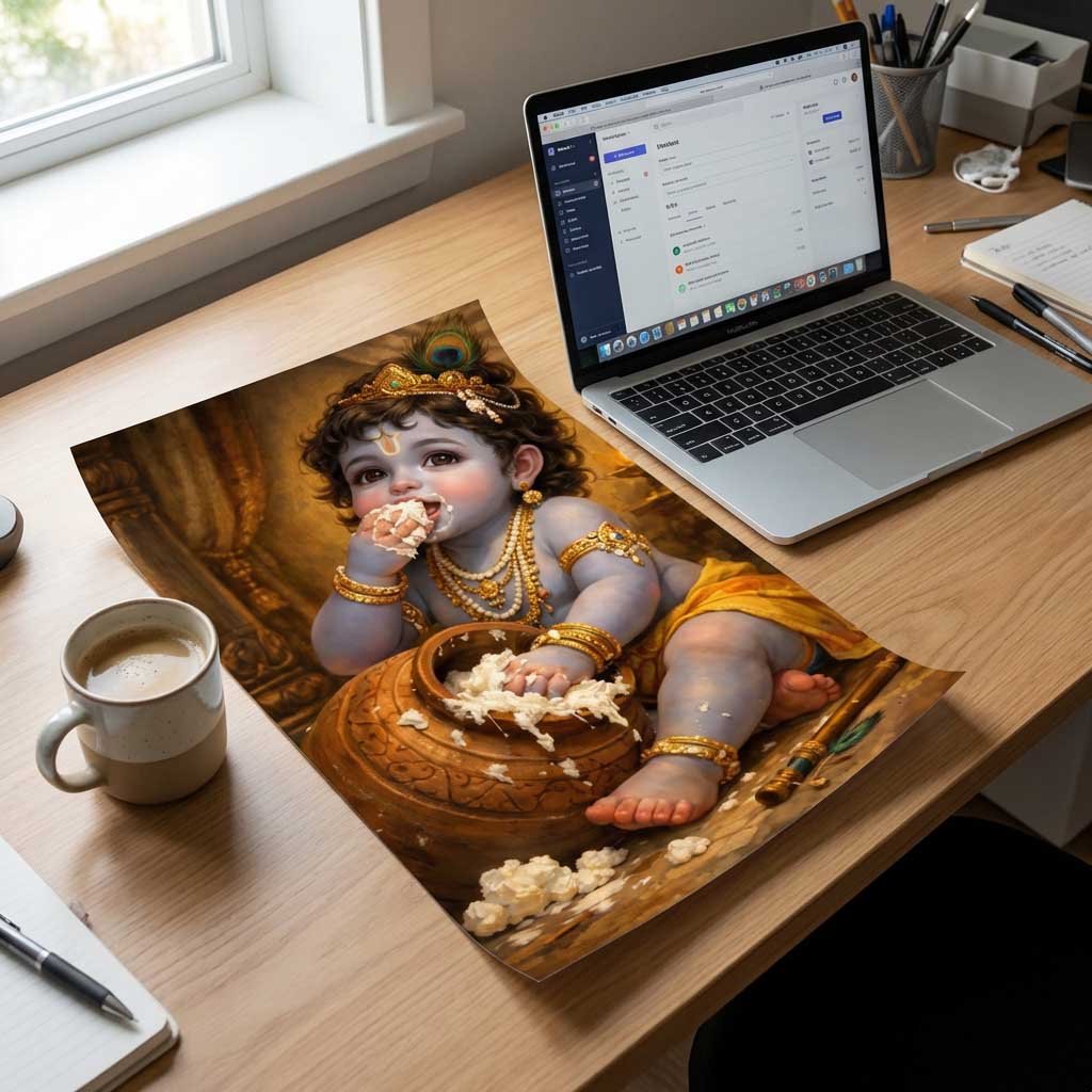 1 Makhan Chor Baby Krishna Poster | Bal Krishna Wall Art | Pictik™ - Image 1